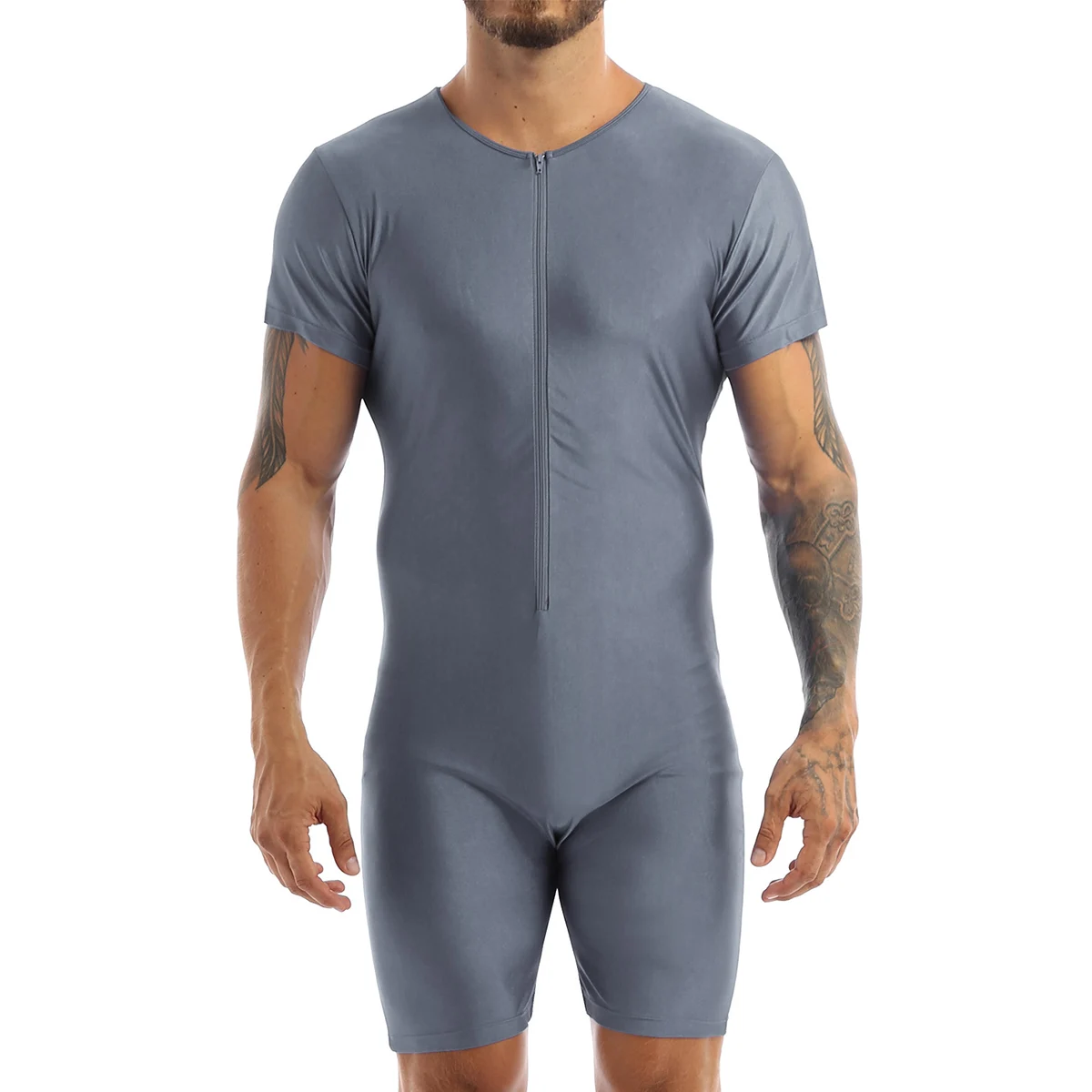 Men Short Sleeve Front Zipper One-piece Ballet Gymnastics Leotard Bodysuit Jumpsuit Male Sports Gym Underwear Swimsuit Sleepwear