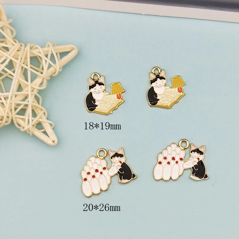 10pcs Alloy Drop Oil Cartoon Animal Pussy Enamel Charms Bowling Cat Reading Cats Pendants Floating DIY Earring Jewelry Accessory