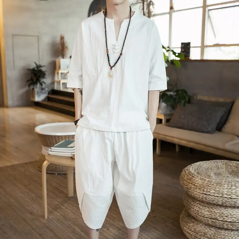 

Sinicism Store Solid White Summer Tracksuit Men 2020 Mens Linen Shorts Suit Sets Male Fashion Casual Chinese Style 2 Piece Sets