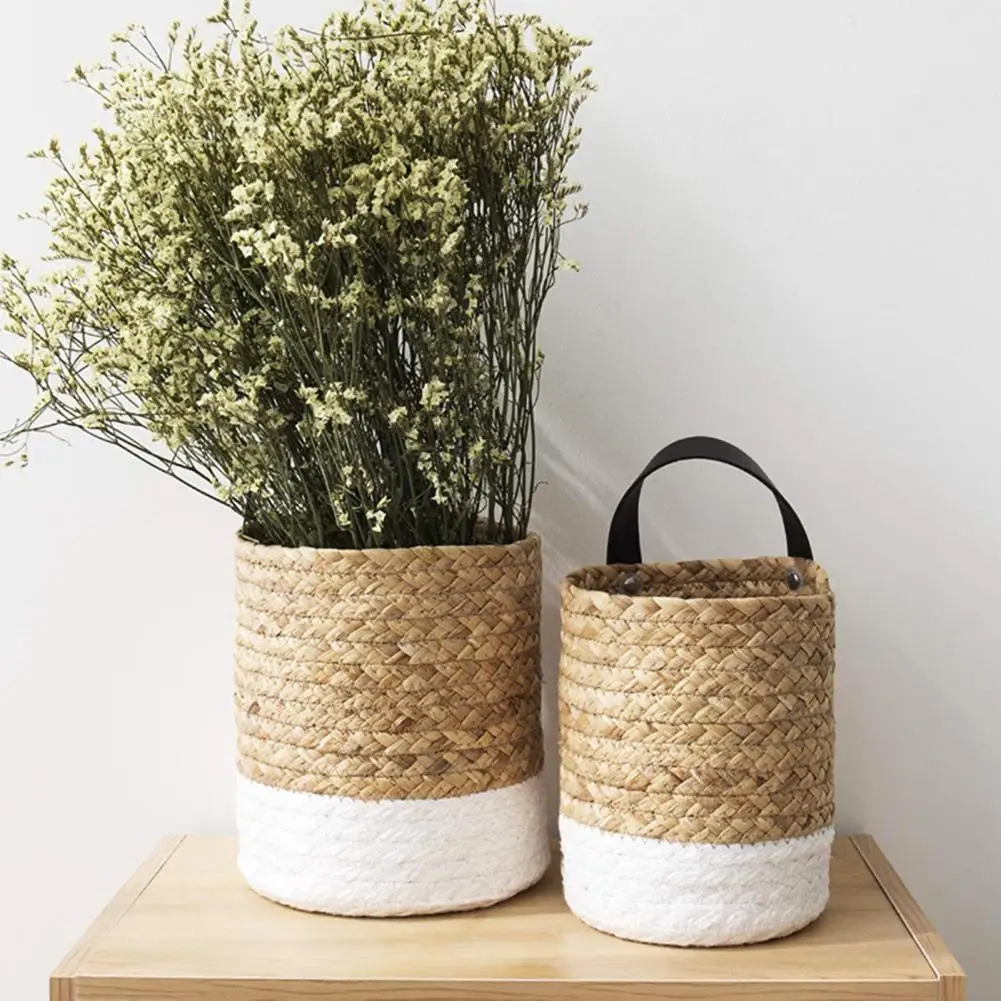 Wickerwork Basket Rattan Hanging Flower Pot Basket Seaweed Woven Storage Basket Wall Hanging Plant Flower Pot for Garden Patio