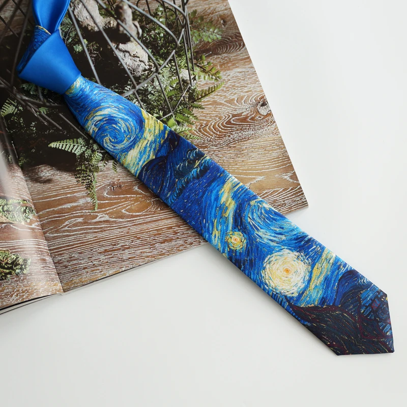 

Free Shipping New Fashion 2021 Male Original Oil Painting Starry sky Blue Printed tie female students retro personality necktie