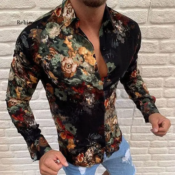 England Style Mens Printed Stand Collar Long Sleeve Shirt Hawaiian Shirt S-3Xl