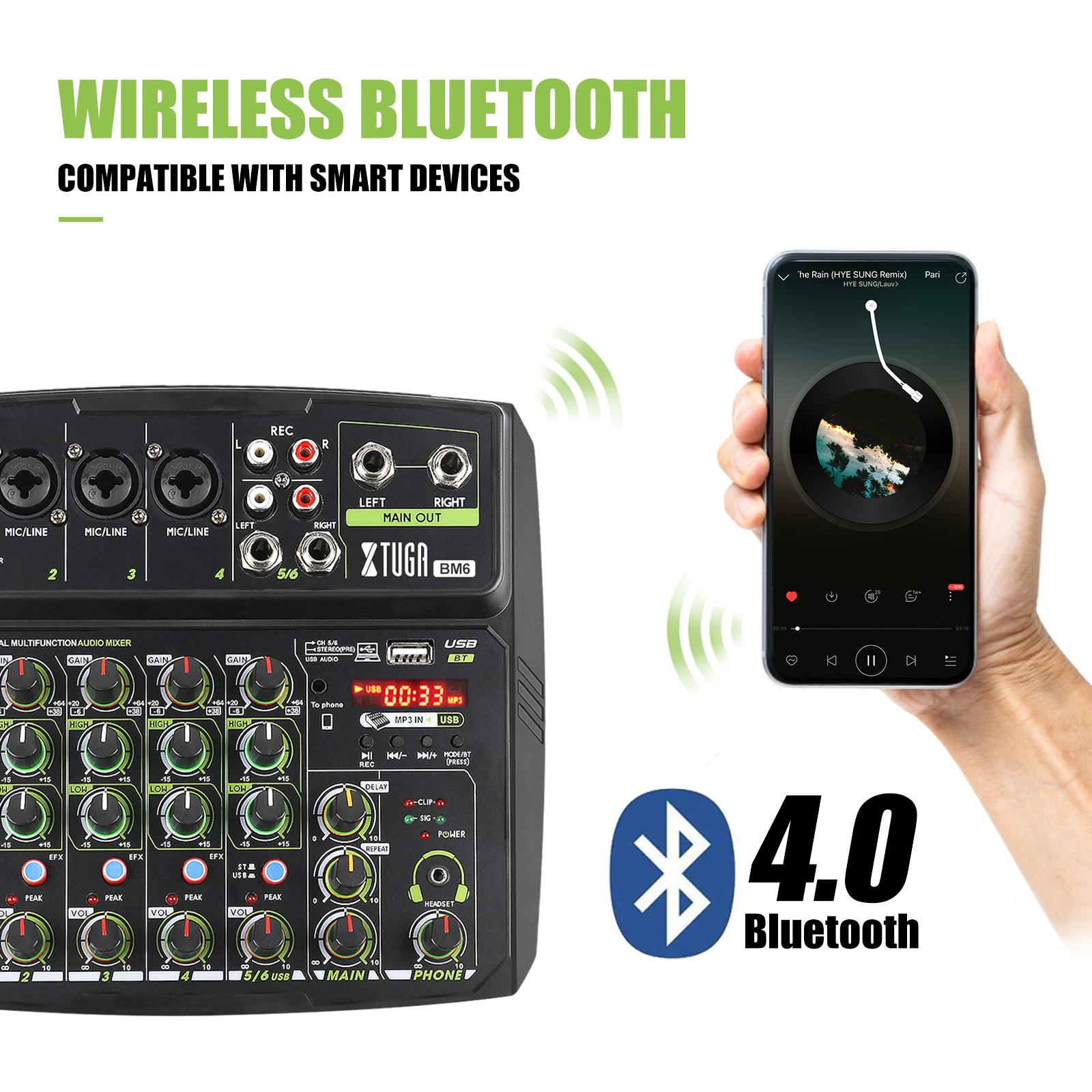 Xtuga-console de áudio dj, com função de transmissão ao vivo, bluetooth, monitoramento, usb para gravação em pc, transmissão ao vivo, telefone celular