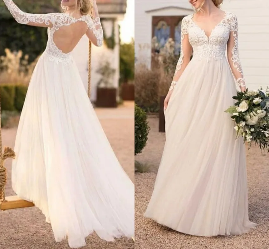 

A-Line Wedding Dresses V Neck Lace Tulle Long Sleeve Beach Boho See-Through Backless Illusion Bridal Gowns Robe De Mariee