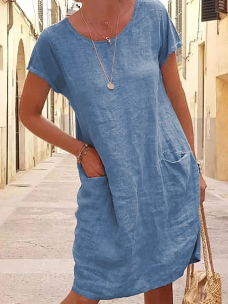 2021 Summer Loose Solid Color Pocket Short Sleeve Round Neck Cotton Linen Mid Waist Casual Dress Women 's Clothing