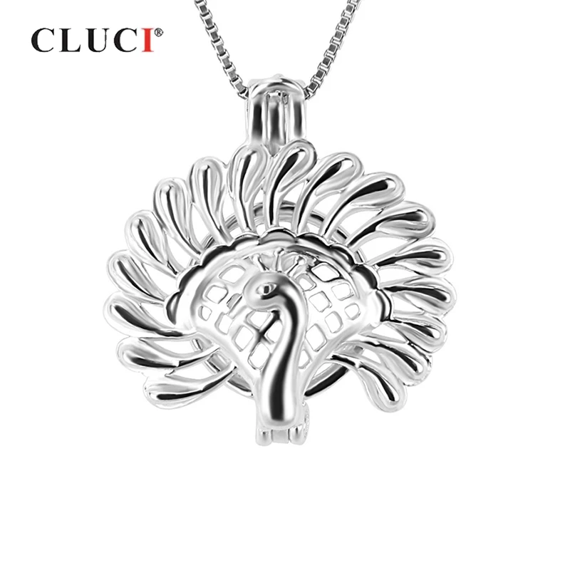 CLUCI 925 Sterling Silver Charms Pendant Beautiful Noble Peacock Shaped Cage Pendant Luxury Women Jewelry Pearl Locket SC225SB