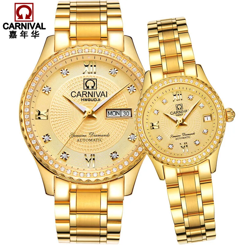 Best Couple Gift CARNIVAL Luxury Couple Watch Automatic Mechanical Watch For Lovers Sapphire Calendar Waterproof Luminous Reloj