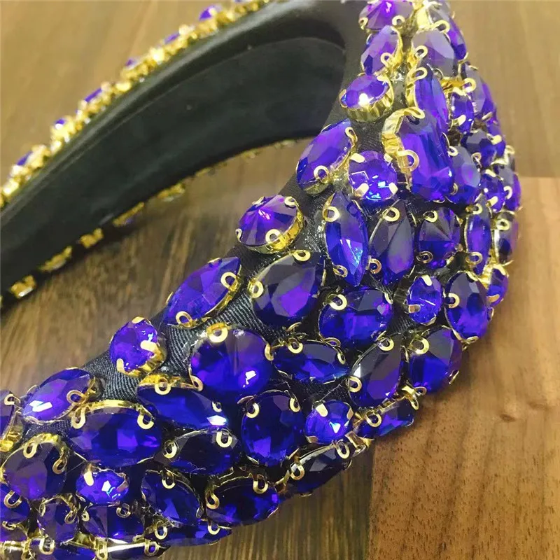 New Full Crystal Luxury Baroque Padded Headband For Women Blue Diamond Rhinestone Hairband Wide Thick Hair Hoop Girls Wholesale