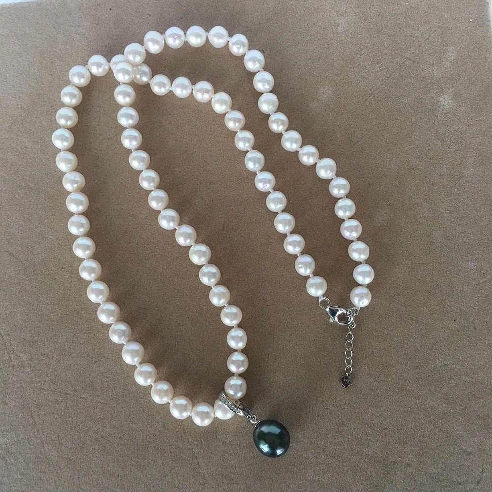 

22 inch high luster LONG NECKLACE nature tahitan pearl and 100% NATURE FRESHWATER ROUND PEARL-7 MM AA+ pearl