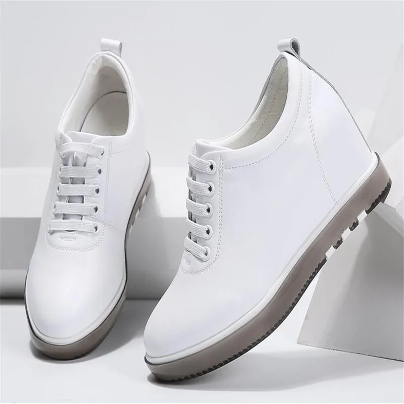 Hide Heel Genuine Leather Shoes Women Fashion Sneakers New Lace Up Height Increasing Casual Shoes White Sneakers