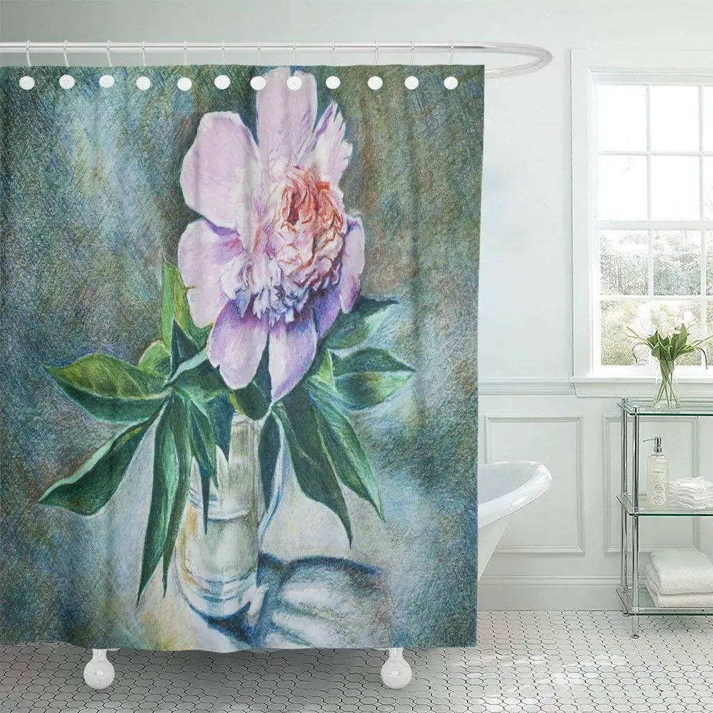 Green Peony Flower in Glass Vase Colored Pencils Pink Shower Curtain Waterproof Polyester Fabric 72 x 72 Inches Set with Hooks