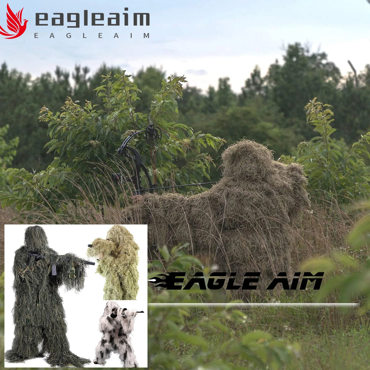 Tactical 3D Ghillie Suit Desert Camouflage Jungle Forest Disguise Snow 4-PCS Bionic Sniper Suit