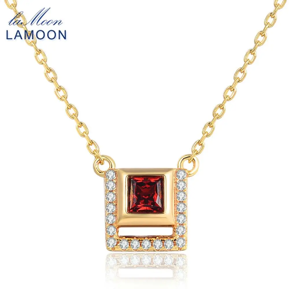 LAMOONสแควร์4Mm 0.25ct 100% สีแดงธรรมชาติGarnet 925เงินสเตอร์ลิงสร้อยคอจี้สร้อยคอS925 LMNI020