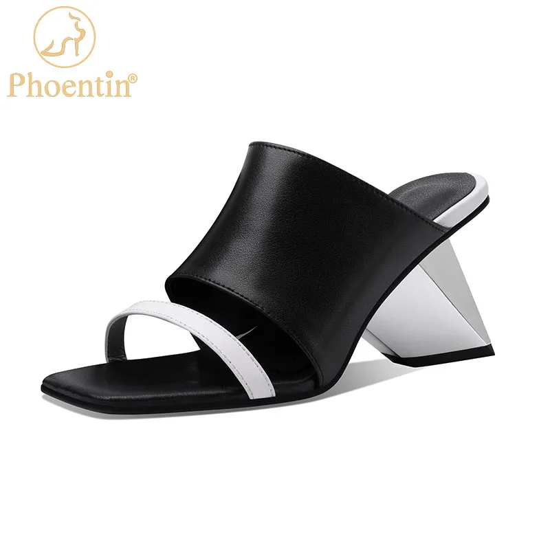 Phoentin women black modern slippers 2021 summer high heels outside slippers female genuine leather Hit color Mules shoes FT1494