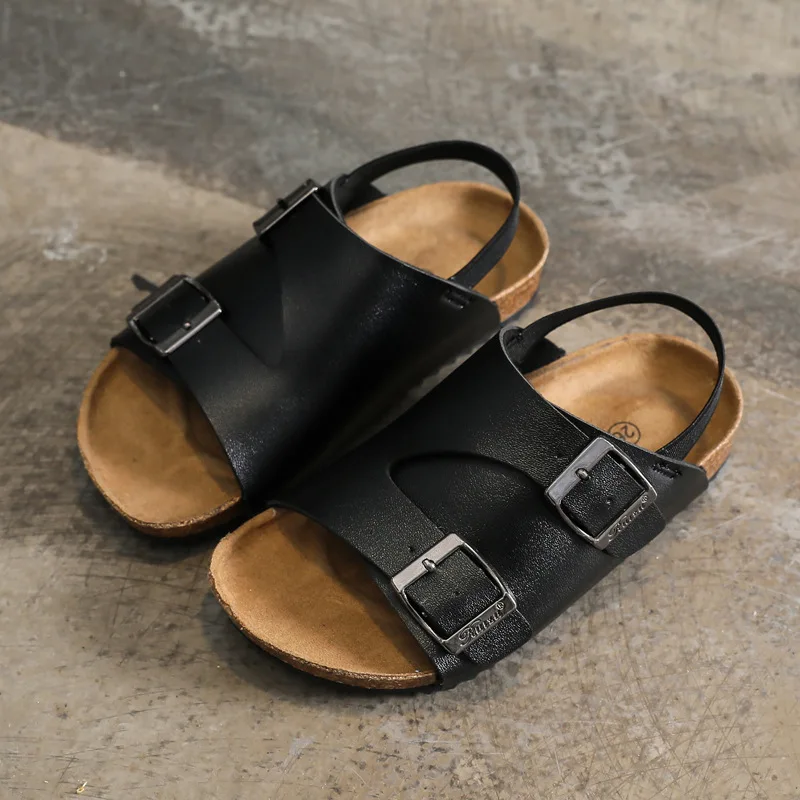 2020 Fashion New Leather Princess Student Sandals Childrens Girls Boys Slides Kids Flats Cork Bottom Beach Shoes 2 3 4 5 6 Years