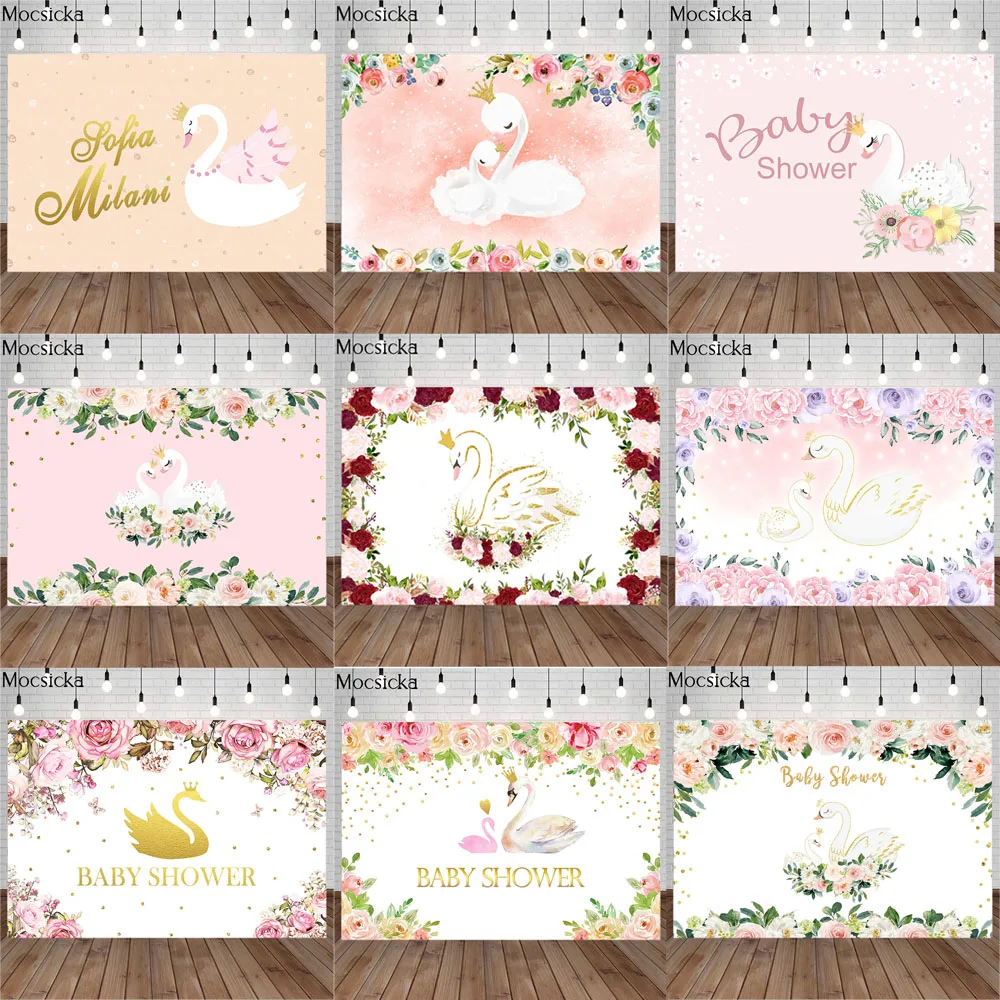 

Mocsicka Swan Theme Newborn Child Portrait Photo Flowers Party Cake Backdrop Customizable Text Birthday Decoration Props Studio