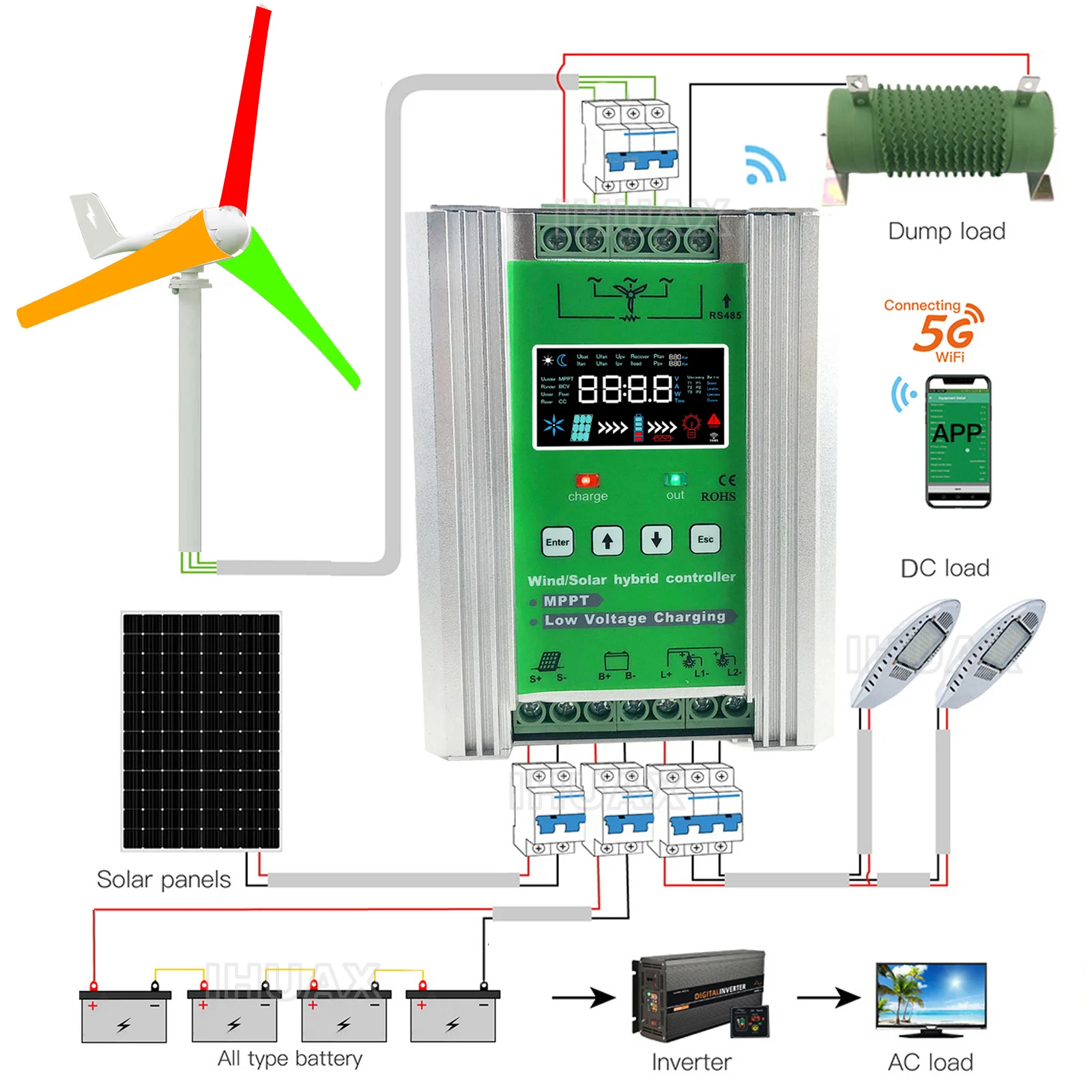 WiFi 4000W MPPT Wind Solar hybrid Charge Controller with dump loader resistor For12V 24V 48V Lifepo4 Lithium Lead Acid Battery