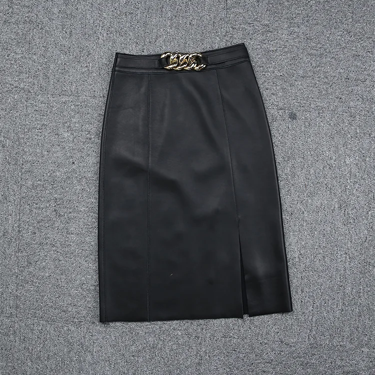 Autumn New Designer Women's Metal Chain Genuine Leather Skirts C983