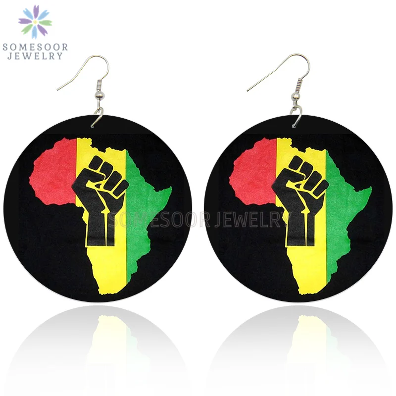 SOMESOOR Afro Powerful Fist Black Wooden Drop Earrings With African Motherland Map Pattern Ethnic Wood Jewelry For Women Gifts