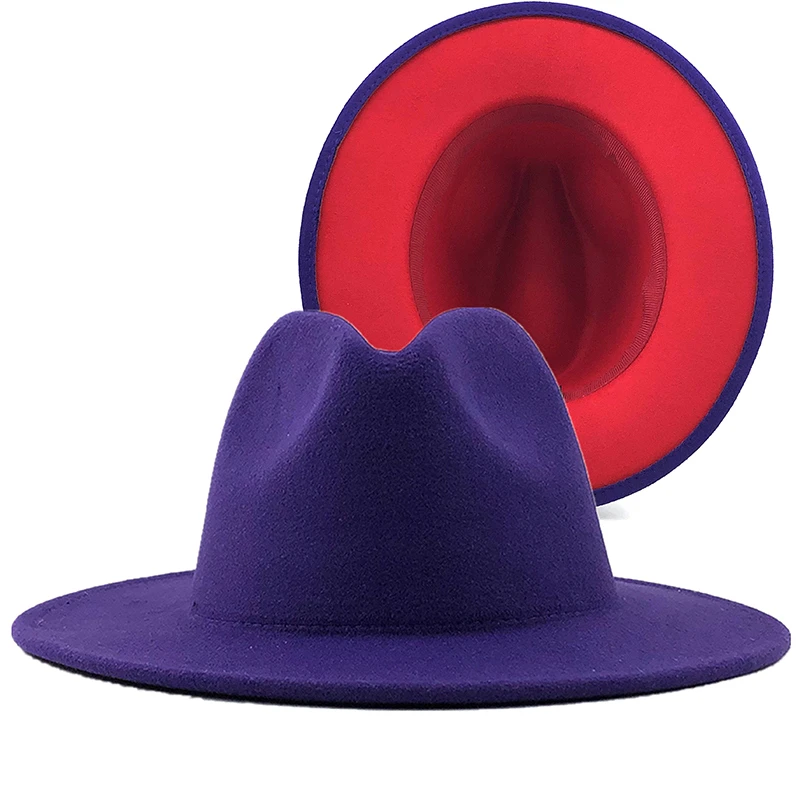 

60 см фиолетовая красная Лоскутная шерстяная фетровая шляпа Jazz Fedora, женская шляпа с широкими полями, вечерние ковбойские кепки Trilby, Мужская Свадебная шляпа джентльмена