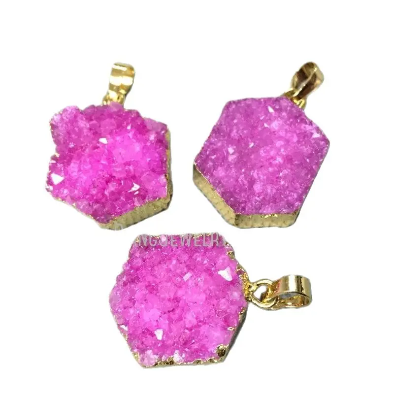 PM1303  Healing Crystal Or Stone Geometry Pendant White OR pink Hexagon Charm With  Electroplated Druzy 