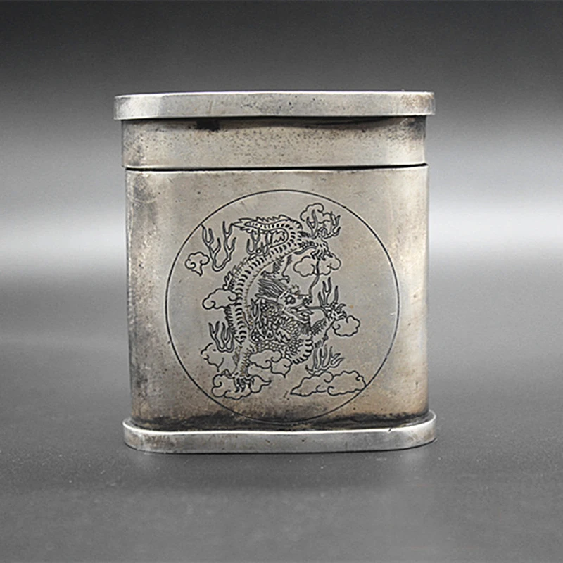 Chinese classical collection home decoration antique Tibetan silver dragon and phoenix tobacco box toothpick storage box decorat