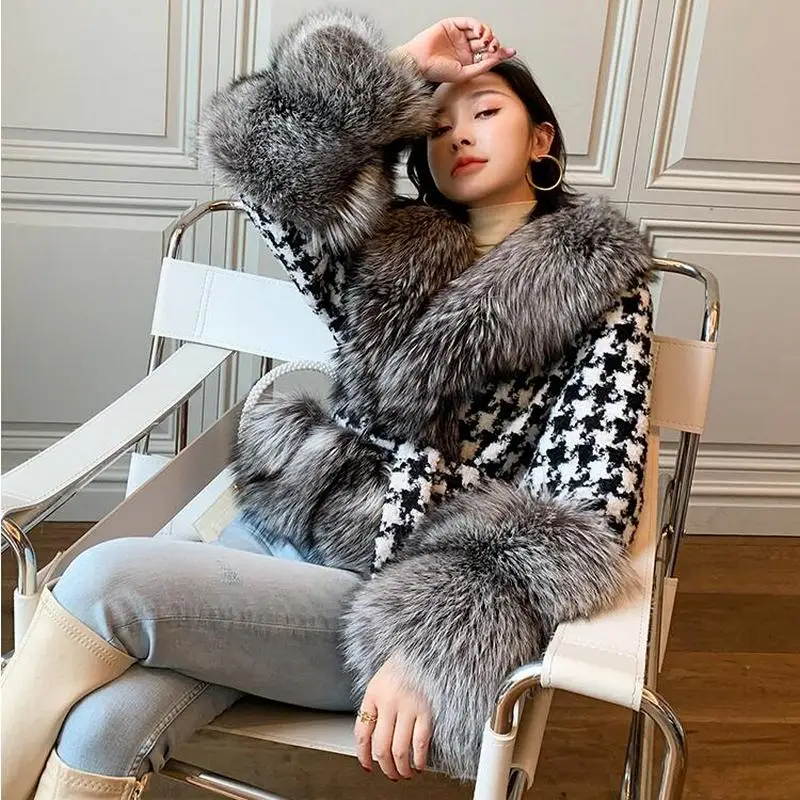 Zdfurs * 2021 outono e inverno casaco de pele feminina houndstooth colarinho curto prata raposa corte de pele moda roupas femininas