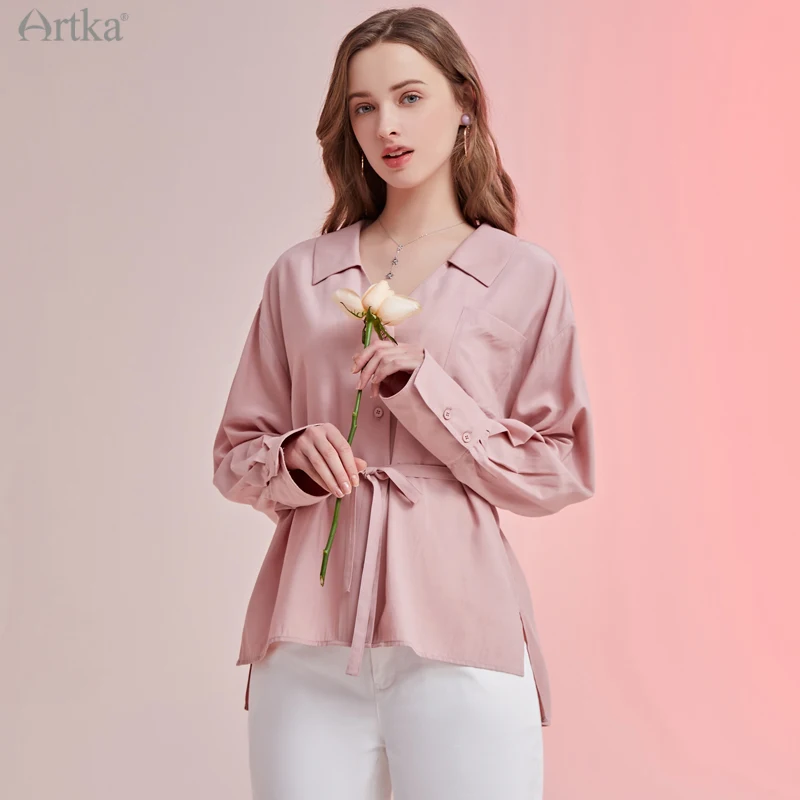 ARTKA 2021 primavera nuove donne camicetta elegante 2 colori scollo a v camicia in Chiffon manica lunga sciolto morbido camicie di raso con telai SA25110C