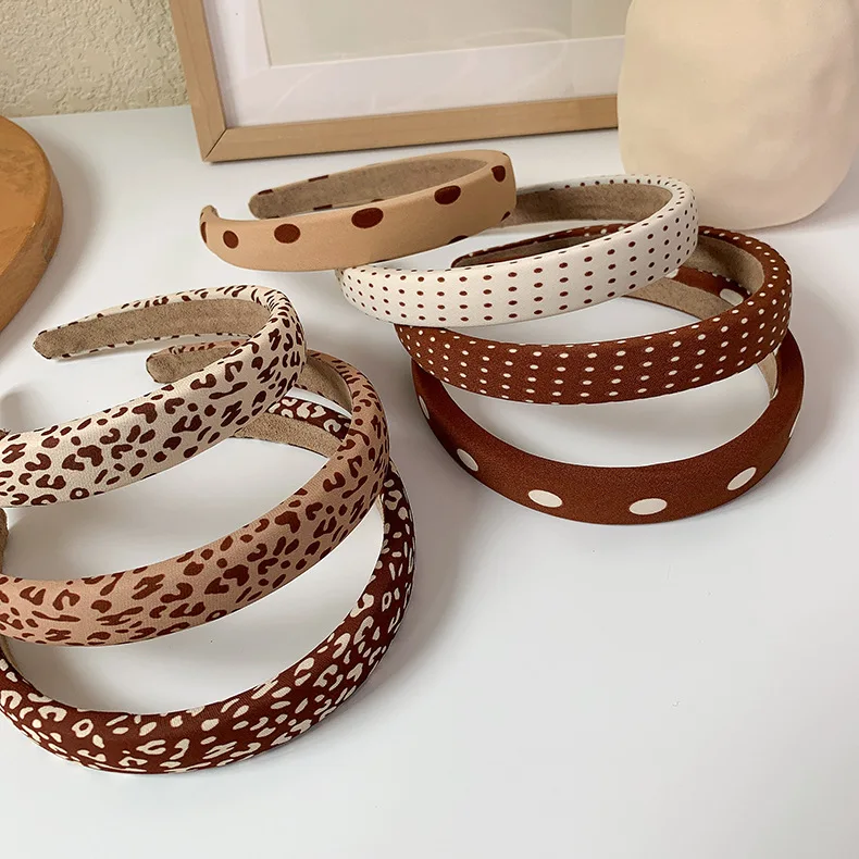 Jesień zima brązowe plamki w stylu lamparta drukuj pałąk 2cm gąbka wyściełane Hairband Retro Headwrap obręcz do włosów akcesoria do włosów dla kobiet