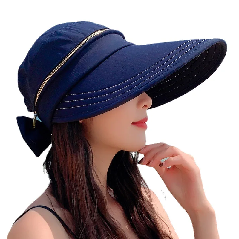 Summer Women Ponytail Empty Top Cap Wide Brim Anti-UV Bowknot Beach Hat Ladies Foldable Zipper Decoration Travel Sunscreen Caps
