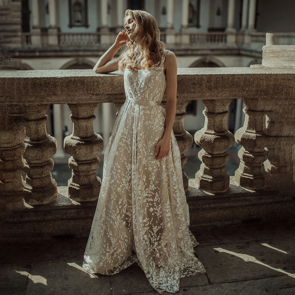 Vestido de fiesta de boda sin mangas de encaje, cuello redondo, personalizado, espalda abierta, romántico, jardín, cinta rústica, traje nupcial de playa