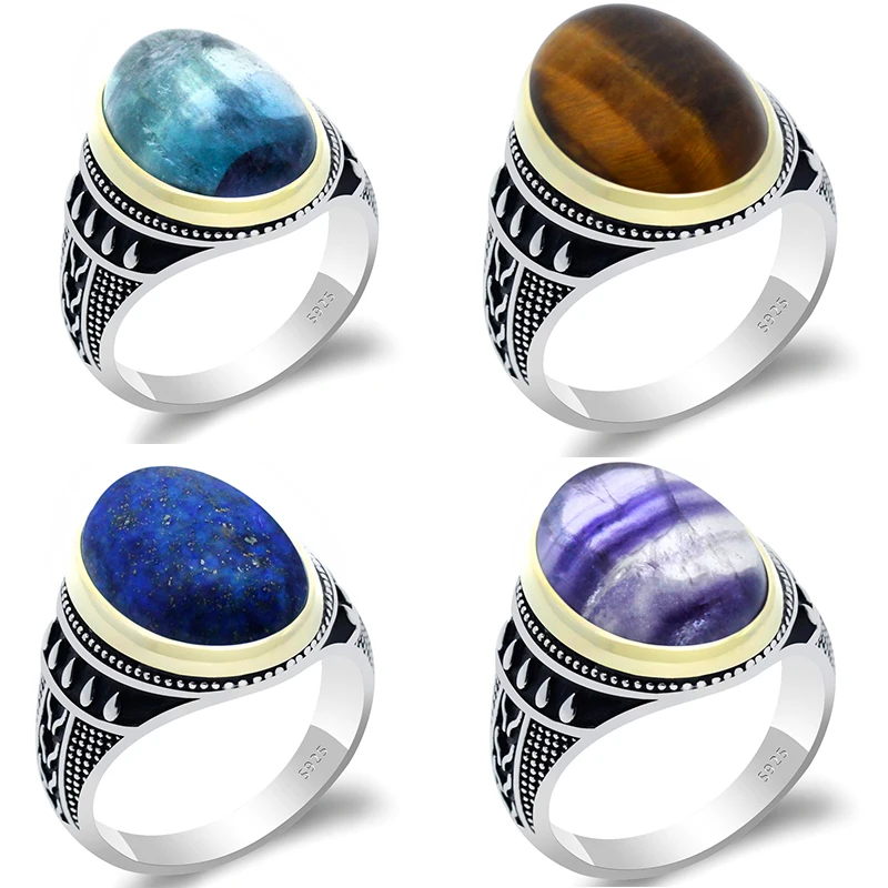 

Auspiciousness Retro Jewelry Natural Stone Ring 925 Sterling Silver Inlaid Four Stones Ring Men Domineering Opal Ring Tiger Eyes