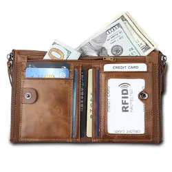 RFID Protected Classical Genuine Leather Men Wallet Card Holders Wallets Double Zippers Coin Wallet Men Leather Short Purse