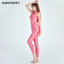 AMORESY sexy shiny high neck tights glossy smooth casual running Jumpsuit Yoga casual pants sexy 9-point sportswear