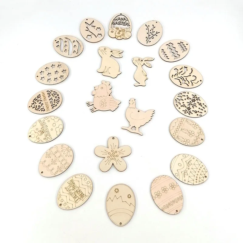 10pcs Lovely Rabbit Easter Eggs Wooden Pendant Hanging Ornaments Woods DIY Handmade Supplies Holiday Party DIY Decoration