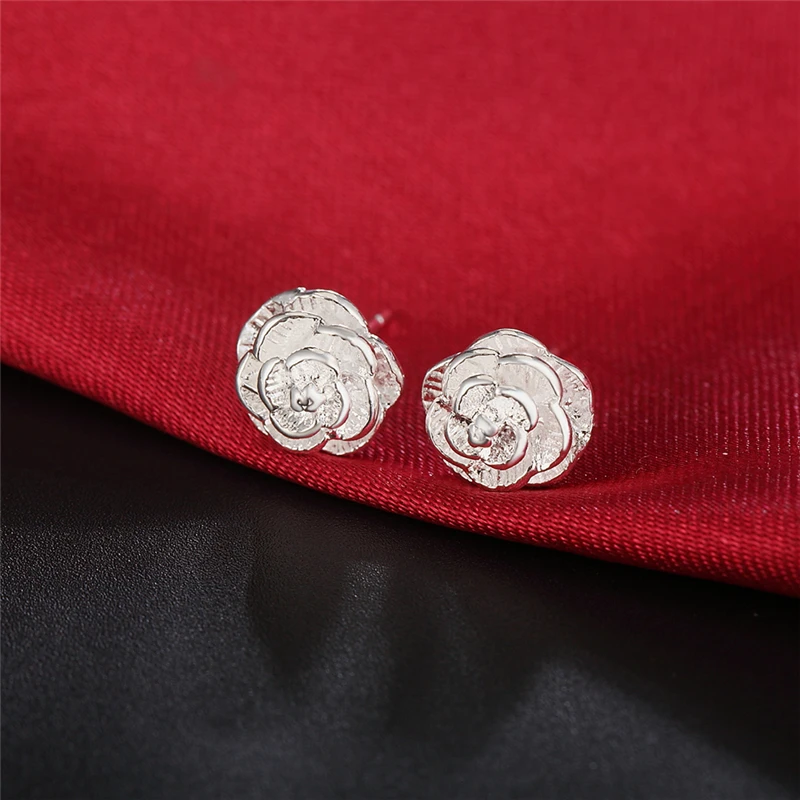 DOTEFFIL 925 Silver Rose Flowers Stud Earrings For Woman Fashion Wedding Engagement Jewelry