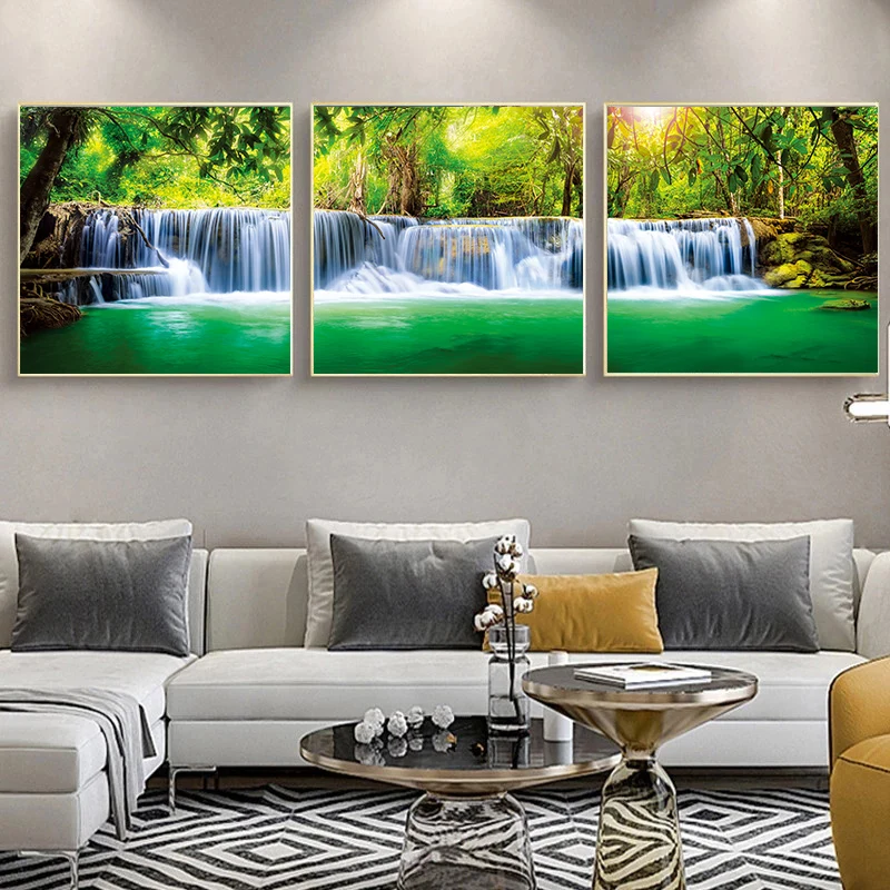 Landscape Natural Waterfall Canvas Painting Green Tree Water River Posters and Prints for Living Room Wall Art Decor No Frame