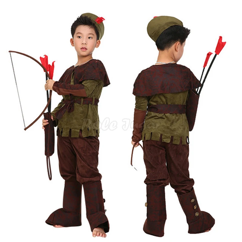 Kids Robin Hood Cosplay Costume Boys Archer Little Hunter Halloween Purim Carnival Party Performance Outfits C47X50