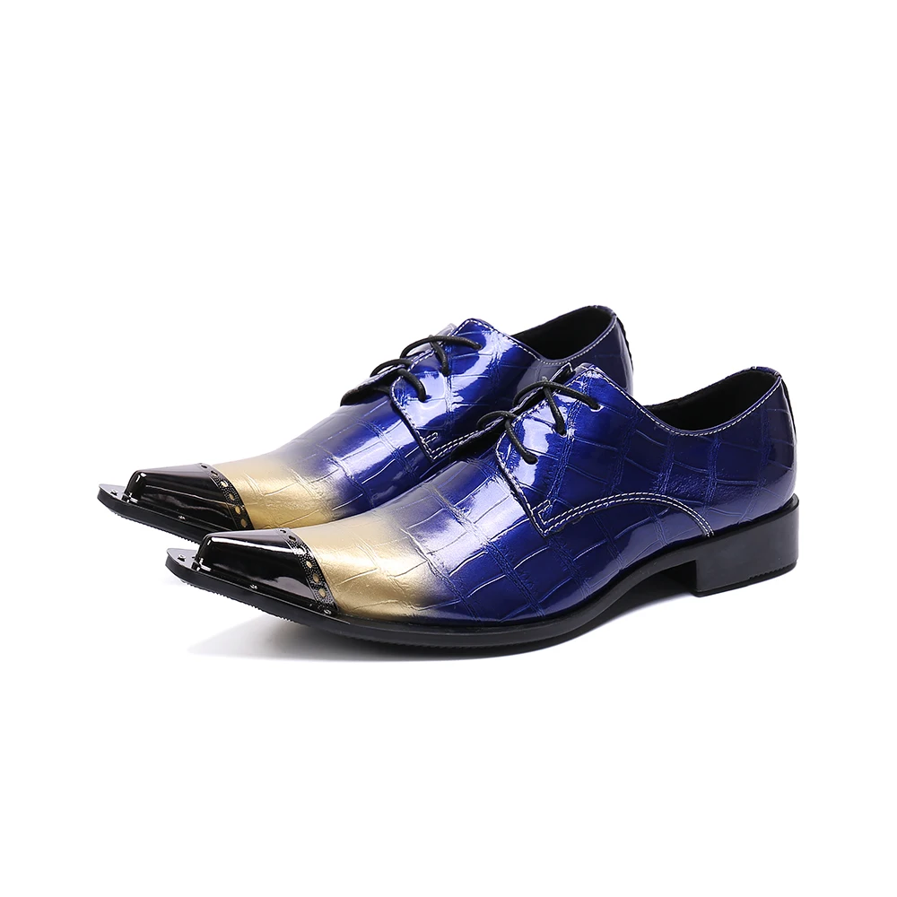 

Western Oxford Blue Patent Leather Luxury Brand Italian Shoes Man High Heels Pointed Toe Dress Wedding Shoes Loafers Size13