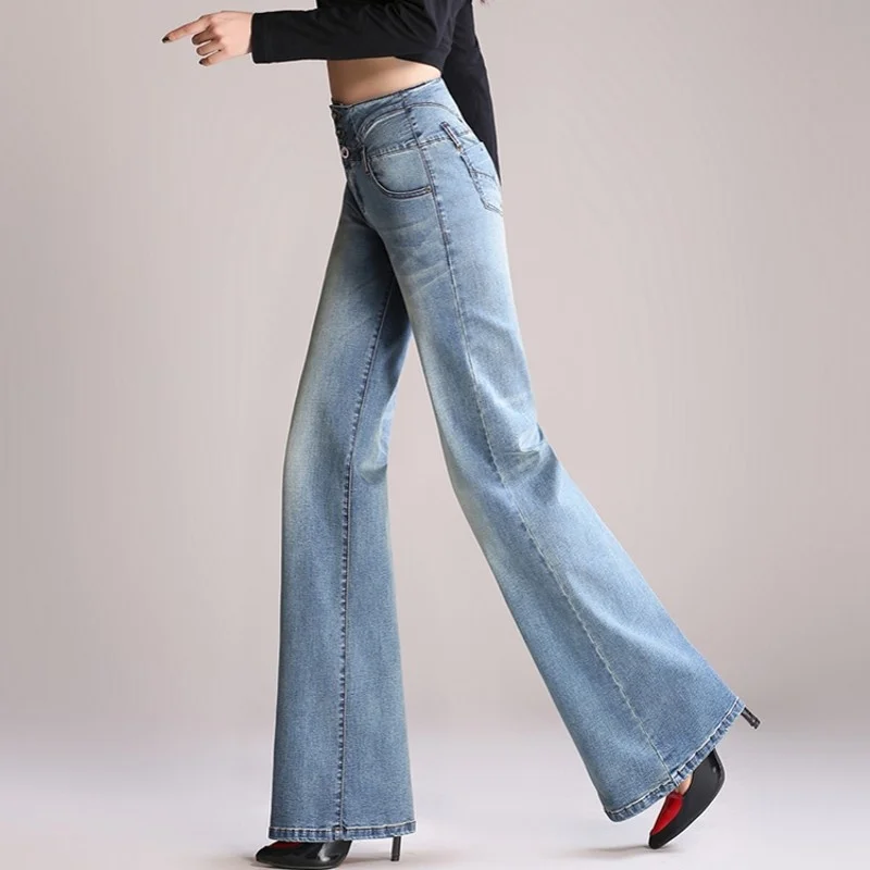 Womens Autumn Wide Leg Pants Single Breasted Button Jeans Women Stretch High Waist Flare Pants Retro Washed Jeans Trousers