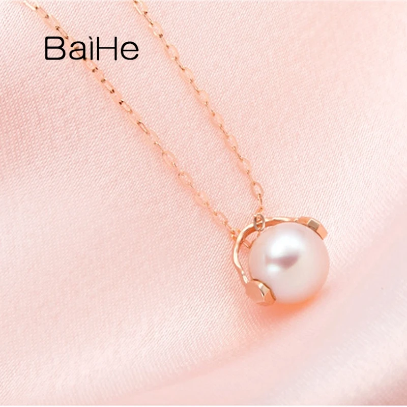 BAIHE Solid 18K Rose Gold 7-7.5mm Natural Freshwater Pearl Music Boy girl Pendant Necklace Women Casual Trendy Fine Jewelry