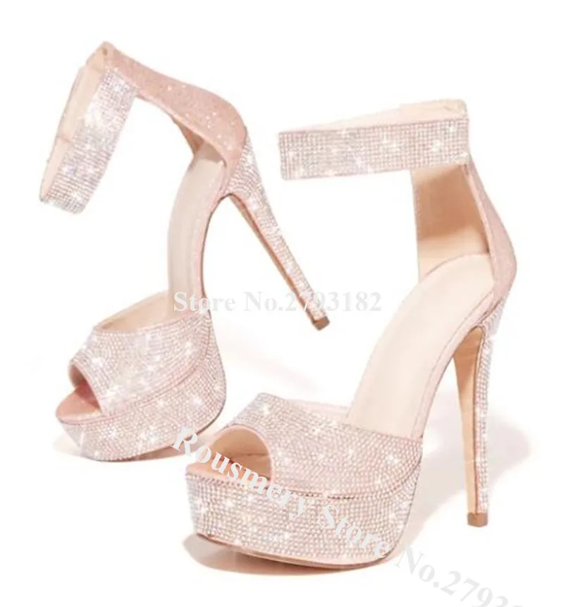 

Bling Bling Luxurious High Platform Rhinestone Diamond Stiletto Heel Sandals Pink Silver Crystal High Heel Sandals Wedding Shoes