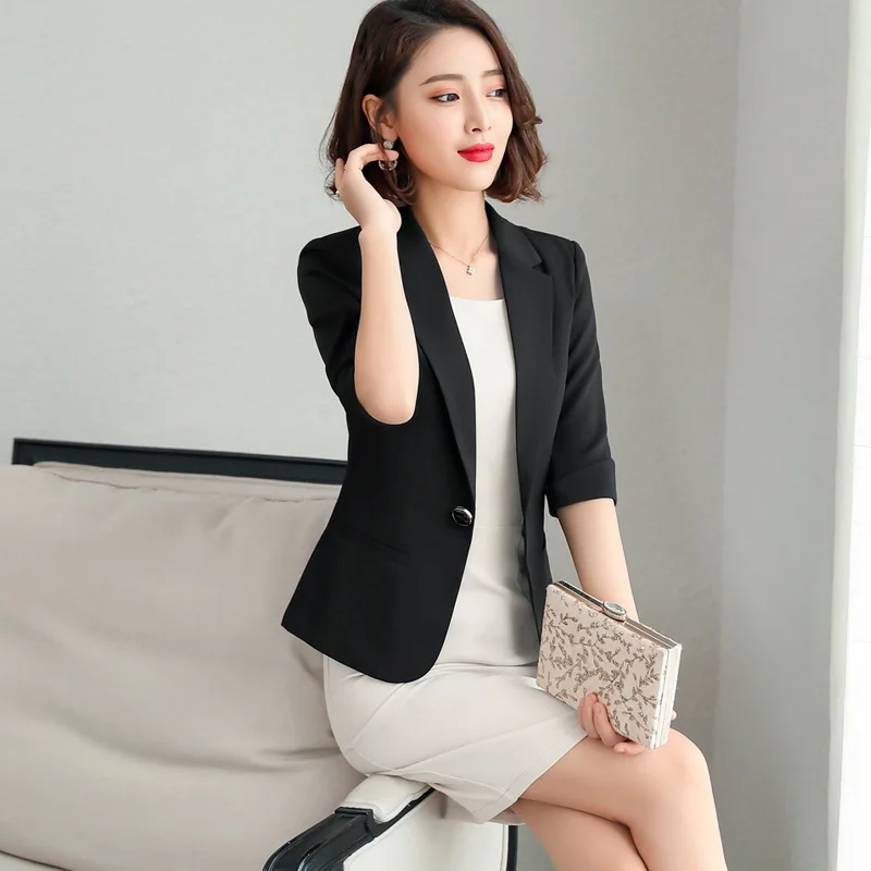 IZICFLY Summer Style Elegant Casual Office Wear For Women Jacket Business Uniforms Half Blazer Dress Suit Work Set Beige-1 PCS