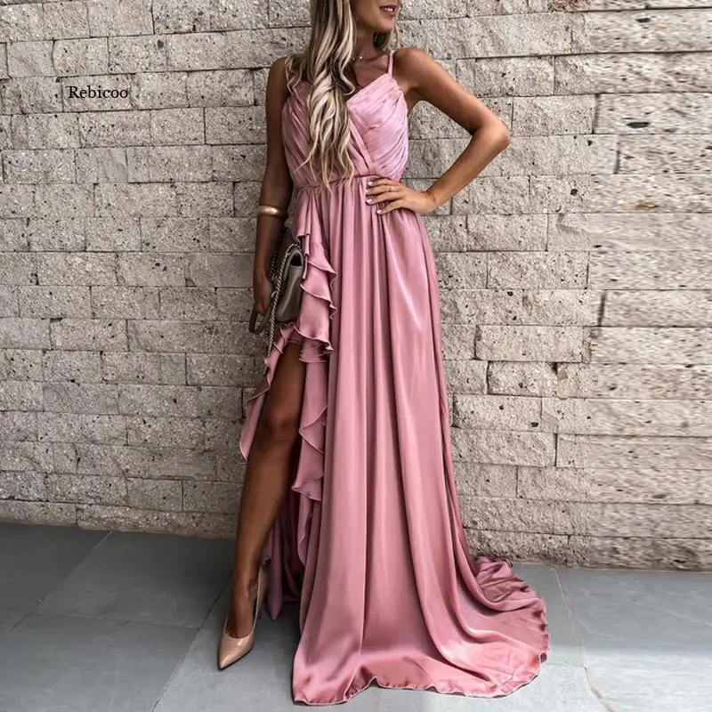 Women Sexy V Neck Draped Party Dress Elegant Multi-layer Ruffles Irregular Dress Casual Sleeveless Sling Long Dresses Vestidos