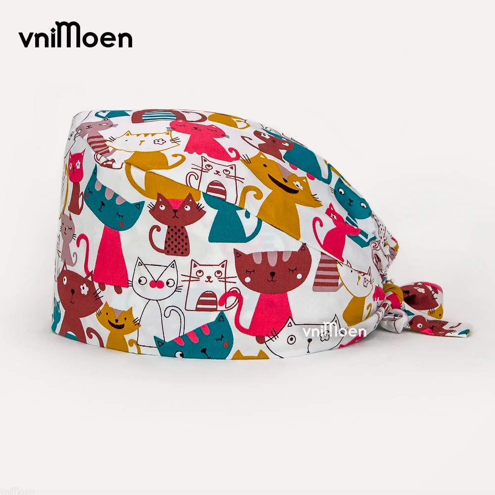 Hoge Kwaliteit Ademend Puur Katoen Cartoon Anime Printing Scrub Hoed Verstelbare Biologische Wetenschap Laboratorium Pet Shop Scrub Cap