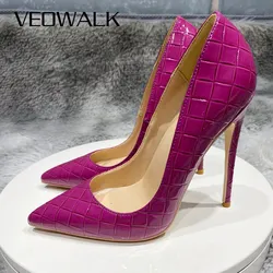 Veowalk Purple Crocodile-Effect Women Chic Pumps Sexy Ladies Party High Heel Shoes Slip On Pointed Toe Stilettos Size 11 12