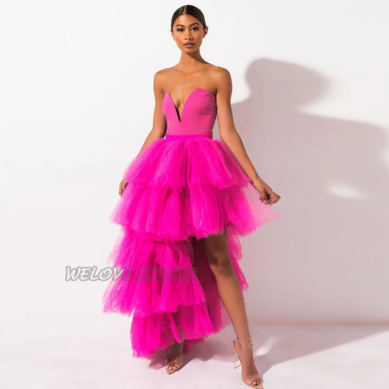 Sweet Fashion Fuschia Satin and Tulle Hi-Lo Party Dresses for Evening Tiered Custom Made Zipper Back Formal Dress vestidos