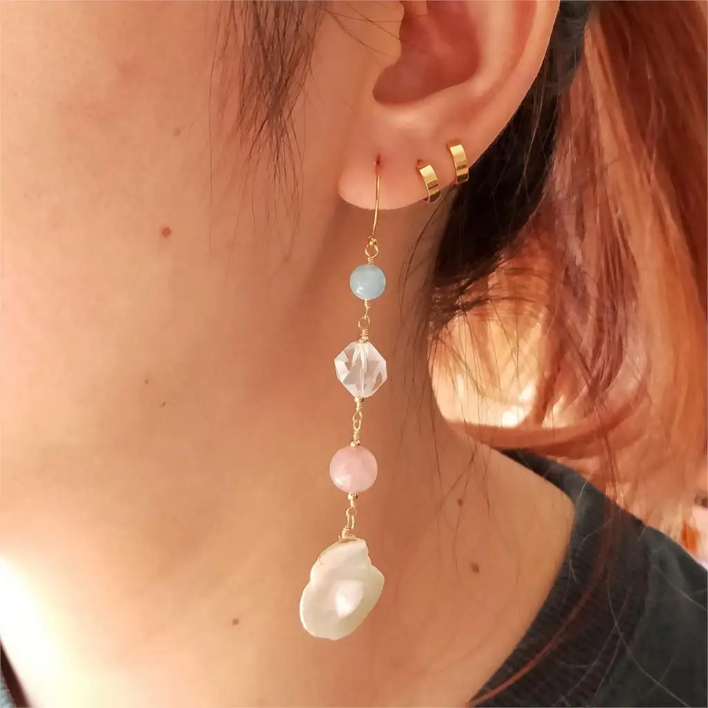 LiiJi Unique Genuine Stone Asymmetric Earrings US Goldfilled Aquamarine Rose Quartz Baroque Pearl Crystal Unique Long Earrings