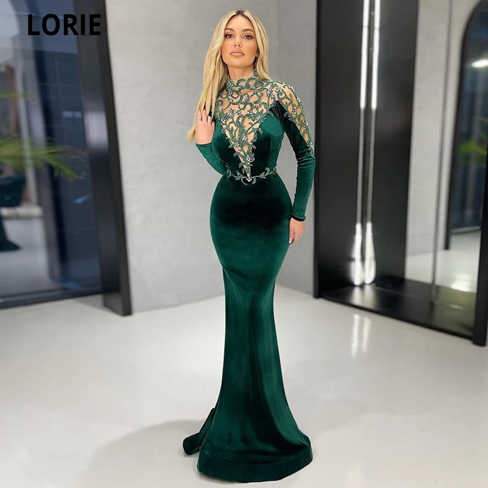 LORIE abito da sera caftano marocchino Appliques dorate manica con cappuccio in pizzo Royal Green Mermaid Velvet abiti da ballo arabi abito da festa