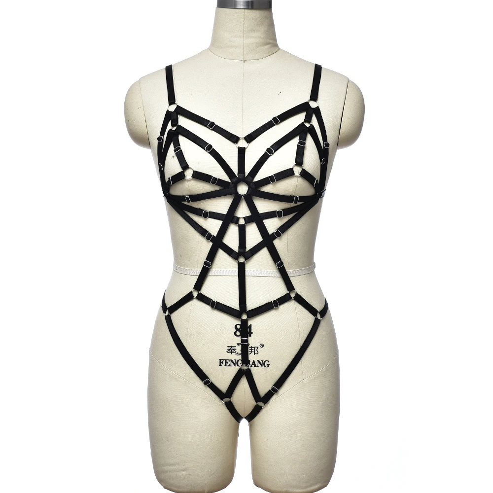 

Goth Rave Wear Bondage Harness Black Sexy Lingerie Set Women Body Harness Fetish Hollow Adjustable Body Cage